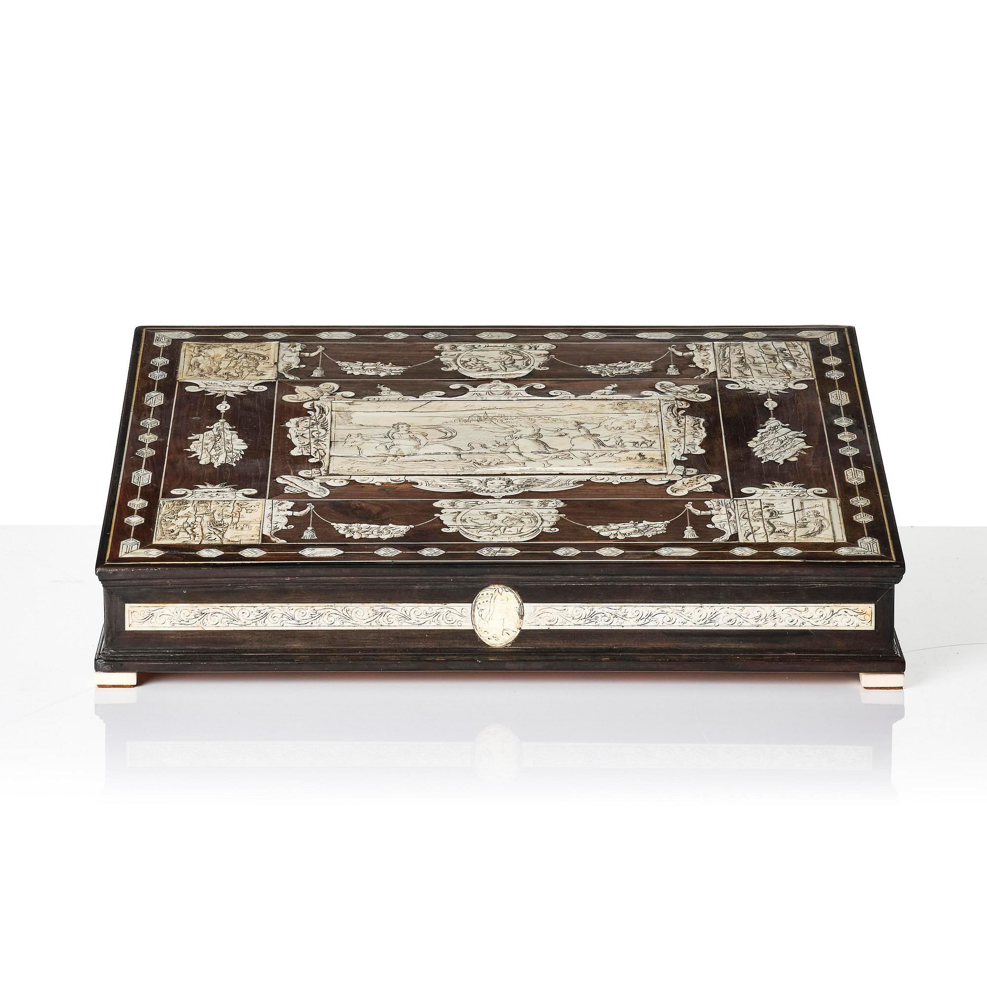 A Neopolitan ebony, rosewood and engraved ivory writing box from the circle of Iacopo Fiamengo, first part 17th century.