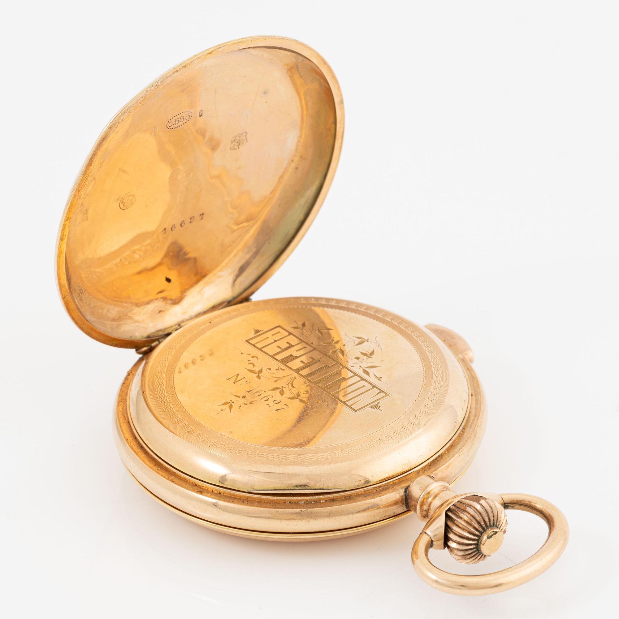 Pocket watch, hunter, 14K gold, repeater, 58 mm.
