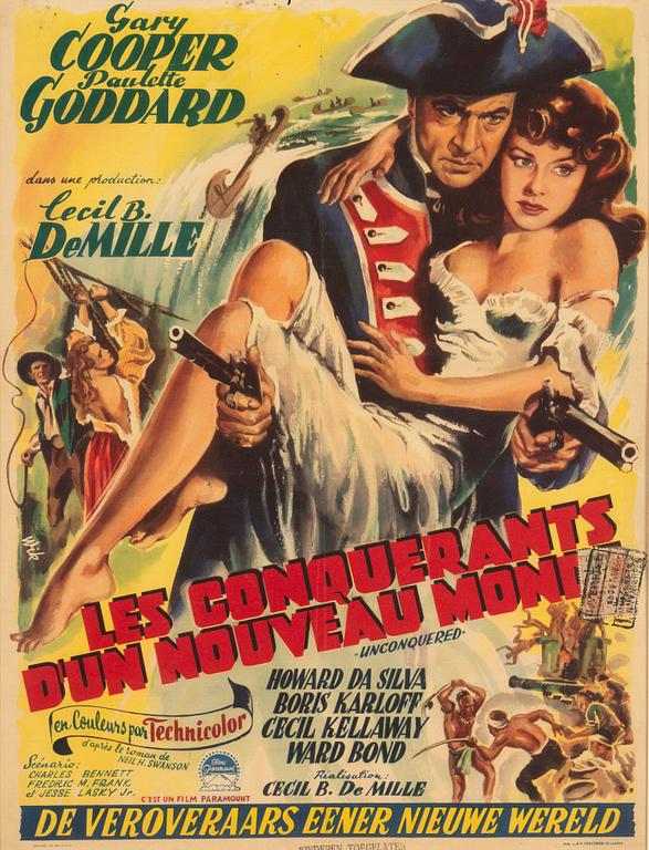 A vintage movie poster, Gary Cooper, 'Les Conquerants d'un Nouveau Monde', Belgium, 1940's/50's.
