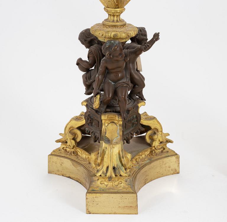 A pair of patinated bronze and ormolu neo-renaissance six-light candelabra, later part of the 19th Century.