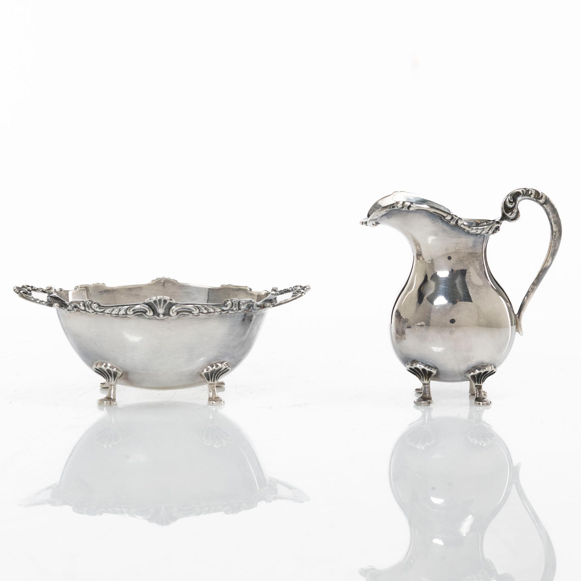 Cream jug, sugar bowl, and tray, silver, Rococo style, 20th century.