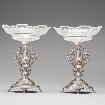 A pair of Swedish 19th century silver and glass tazza, mark of Gustaf Möllenborg, Stockholm 1882.