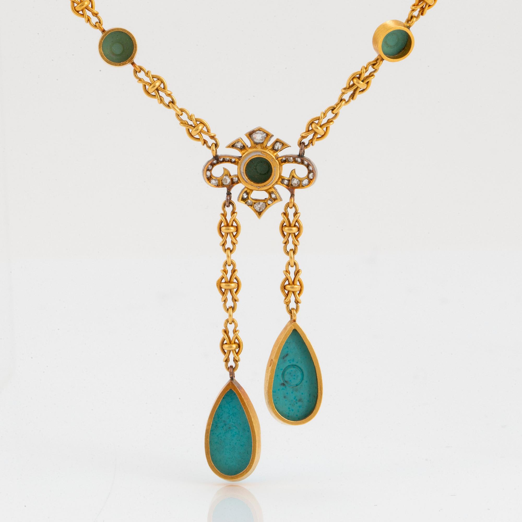 Collier 18K guld och platina med turkoser samt gammal- och rosenslipade diamanter.
