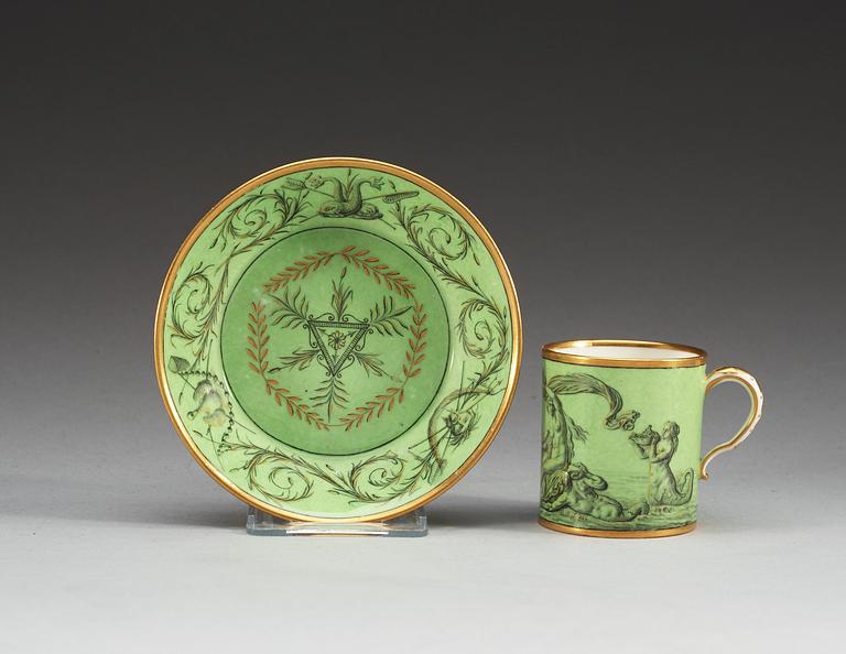 A green ground Sèvres cup and saucer, 18th Century.