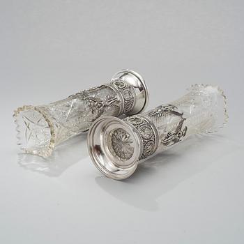 A PAIR OF CUT GLASS AND SILVER VASES, Russia, Moscow ca 1900, Ovtchinnnikov.