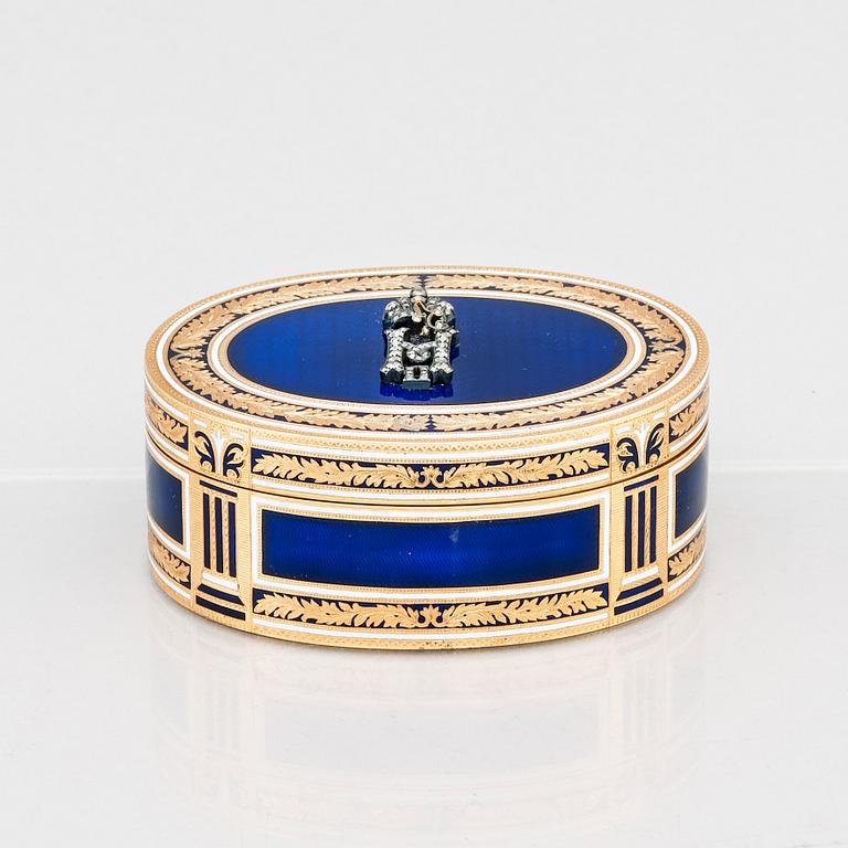 An Imperial Presentation jewelled gold and enamel box, Alexander Treiden for Hahn, St Petersburg before 1899.