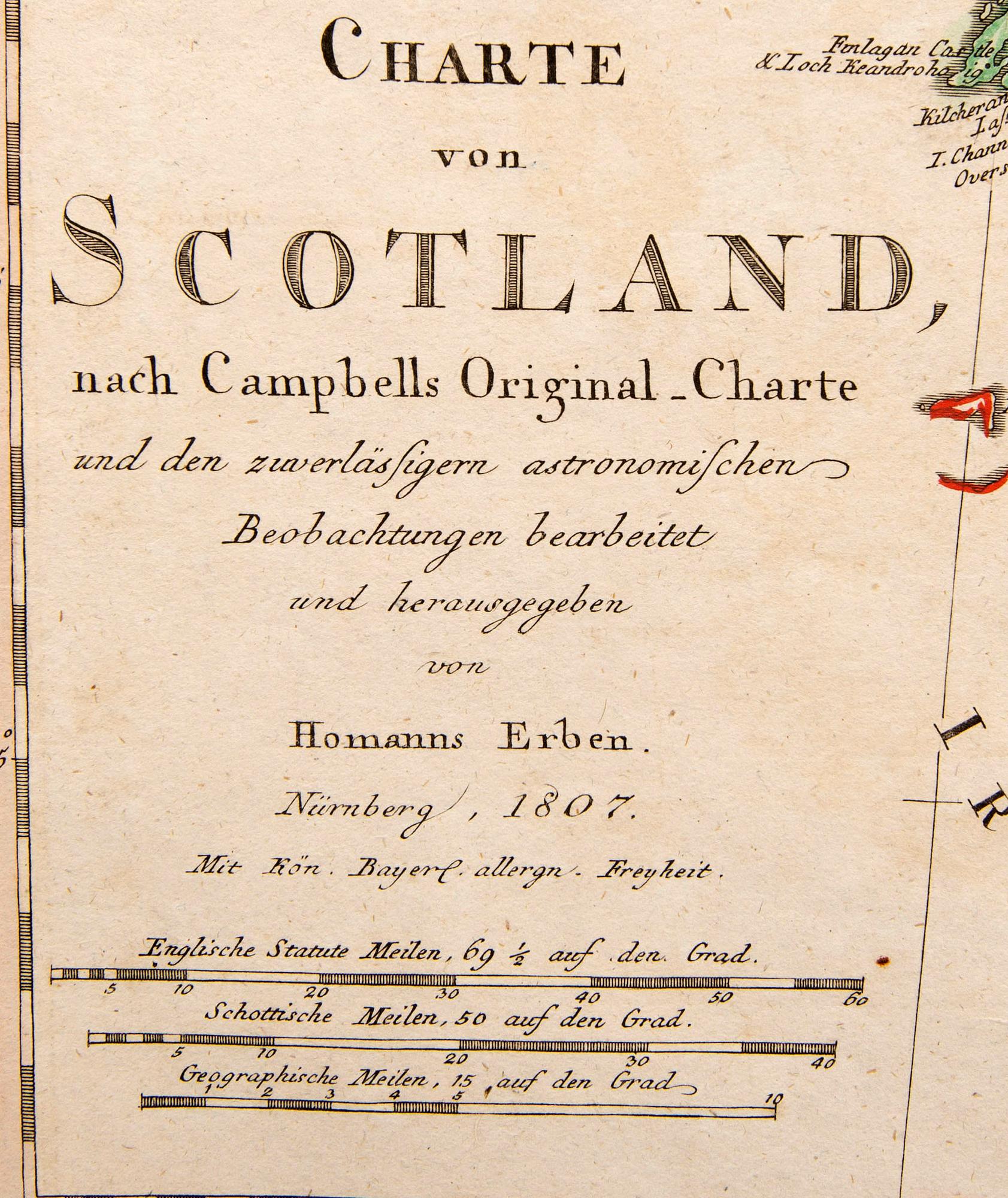 Homannn's Heirs, map Scotland, hand colored copper engraving, Nürnberg 1807.