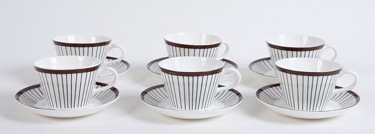 KAFFEKOPPAR MED FAT, 6 st, benporslin,  "Spisa ribb", Stig Lindberg, Gustavsberg, 2000-tal.