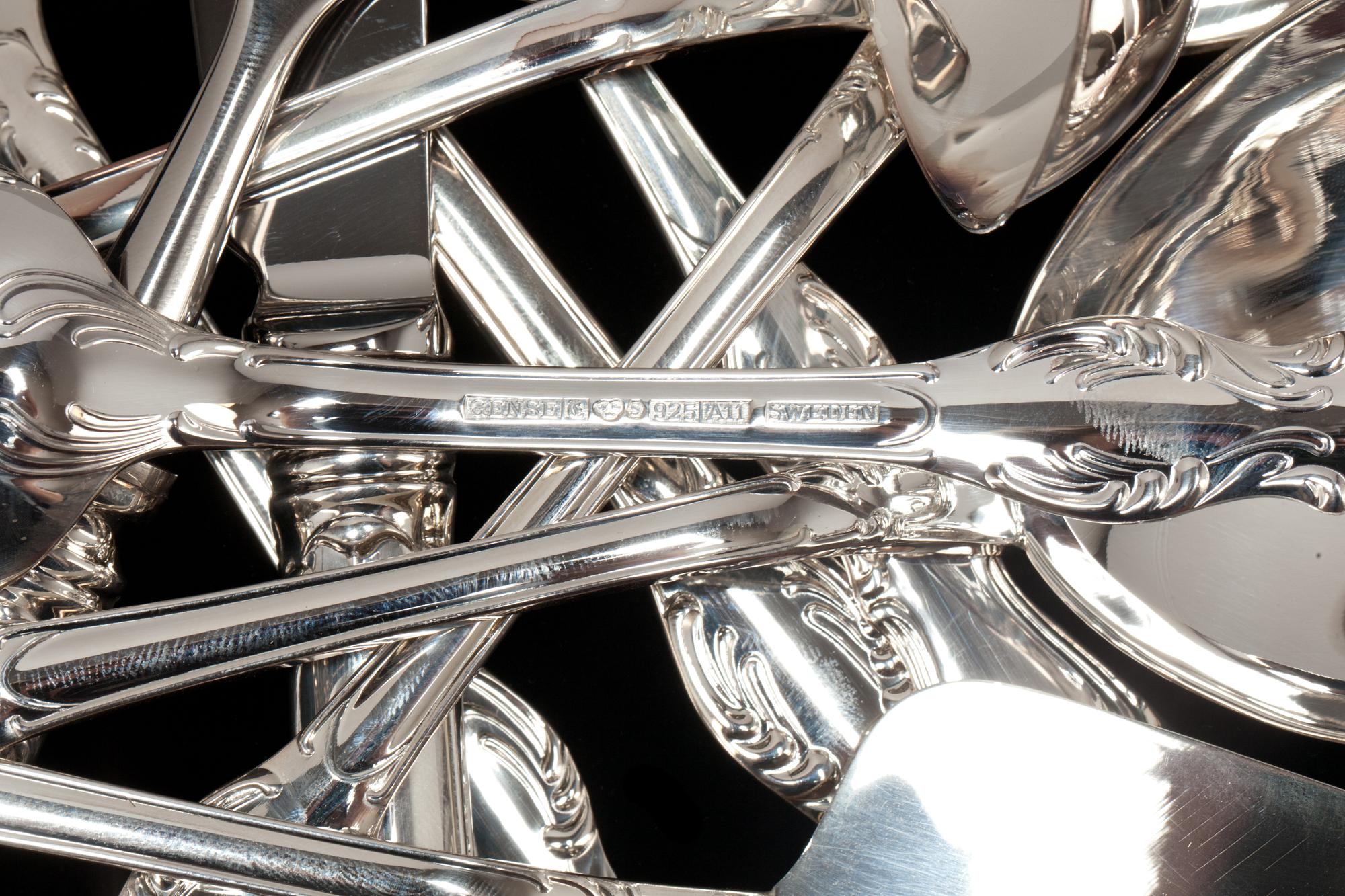 BESTICK, 60+4 delar. sterlingsilver 925, Gense, "Prins Albert". Tot c:a 4820 g inkl stålblad.