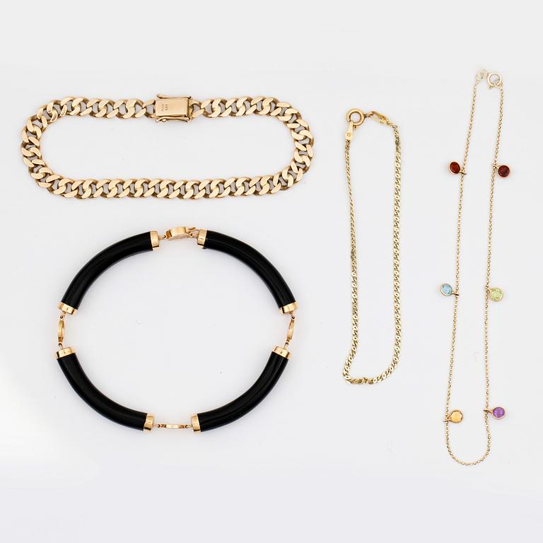 ARMBAND, 4 st, 14k guld. Total vikt ca.