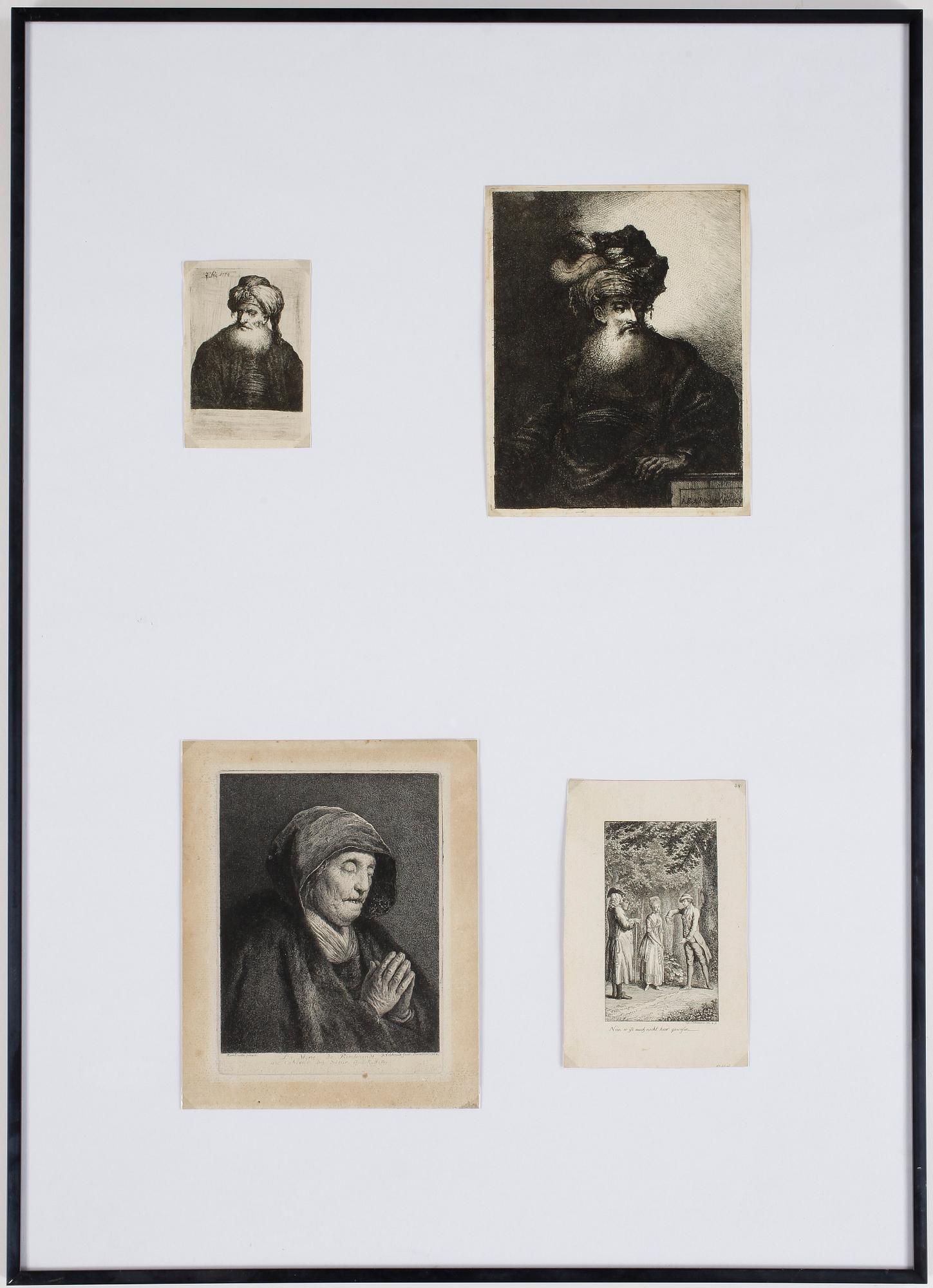 ETSNINGAR, 4 st, bland annat efter Rembrandt, 1700-tal.