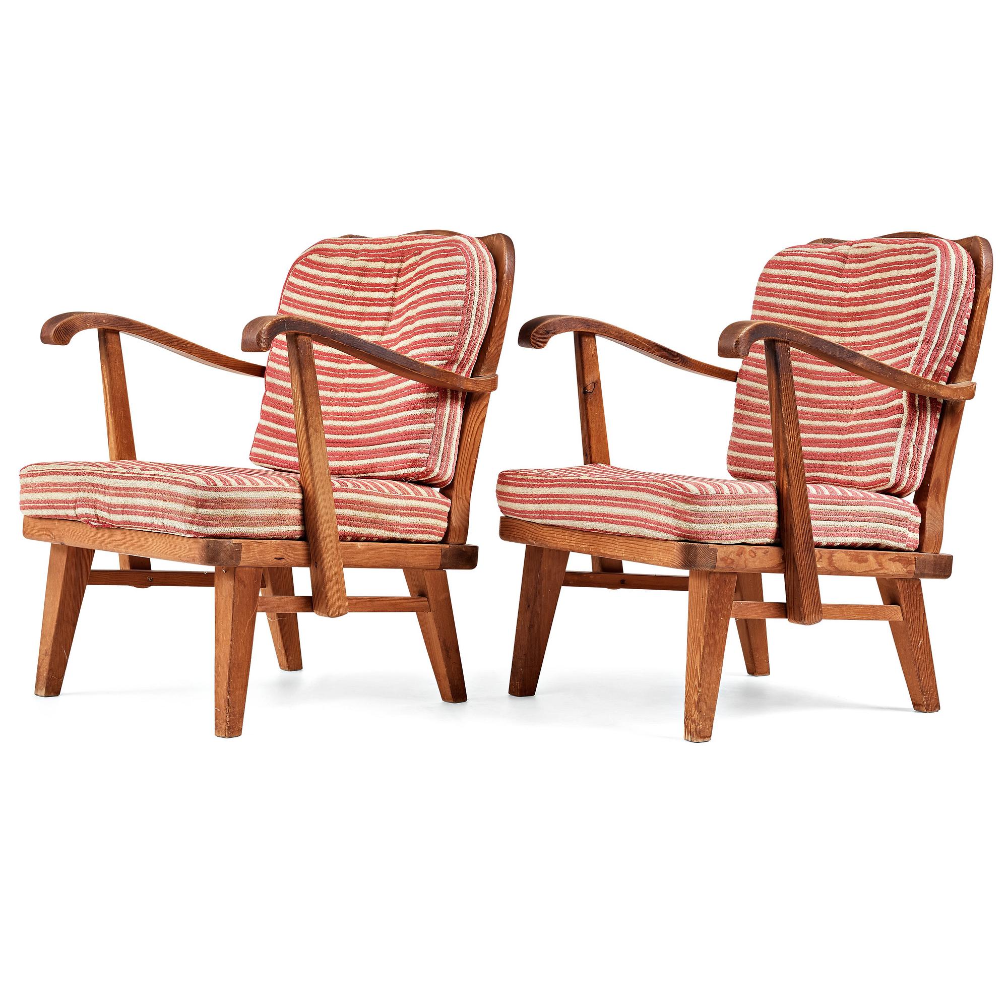 Nordiska Kompaniet, a pair of "sportstugemöbler" stained pine easy chairs, Sweden 1930-40's.