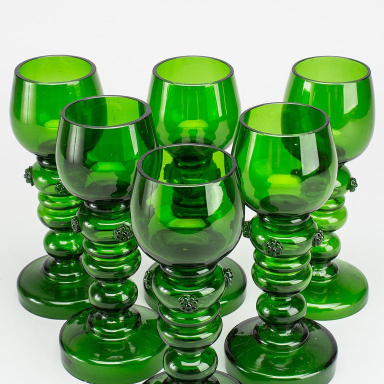 SIX GREEN WHITE WINE GLASES, 19th century.