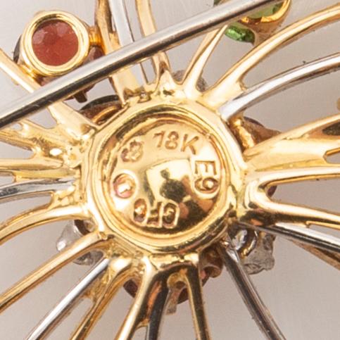 CF Carlman, Brooch 18K gold set with round brilliant-cut diamonds and faceted gemstones, Stockholm 1955.