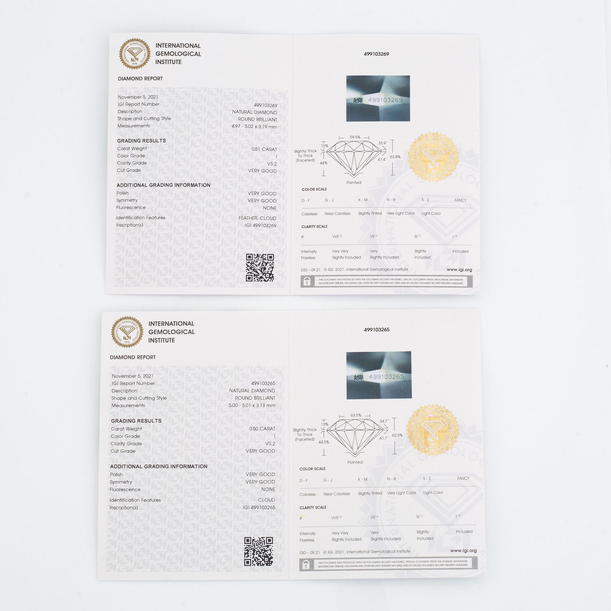 Örhängen med briljantslipade diamanter, med IGI report.