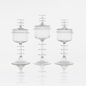 Nils Landberg, three lidded glass cups, Sandviks, Sweden, 1960's.