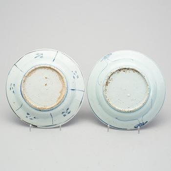 A group of four Chinese kraak porcelain plates, possibly Ming (1368-1644).