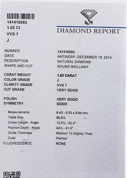HÄNGE, 18K vitguld med briljantslipad diamant 1.02 ct. Vikt 2,9 gram.