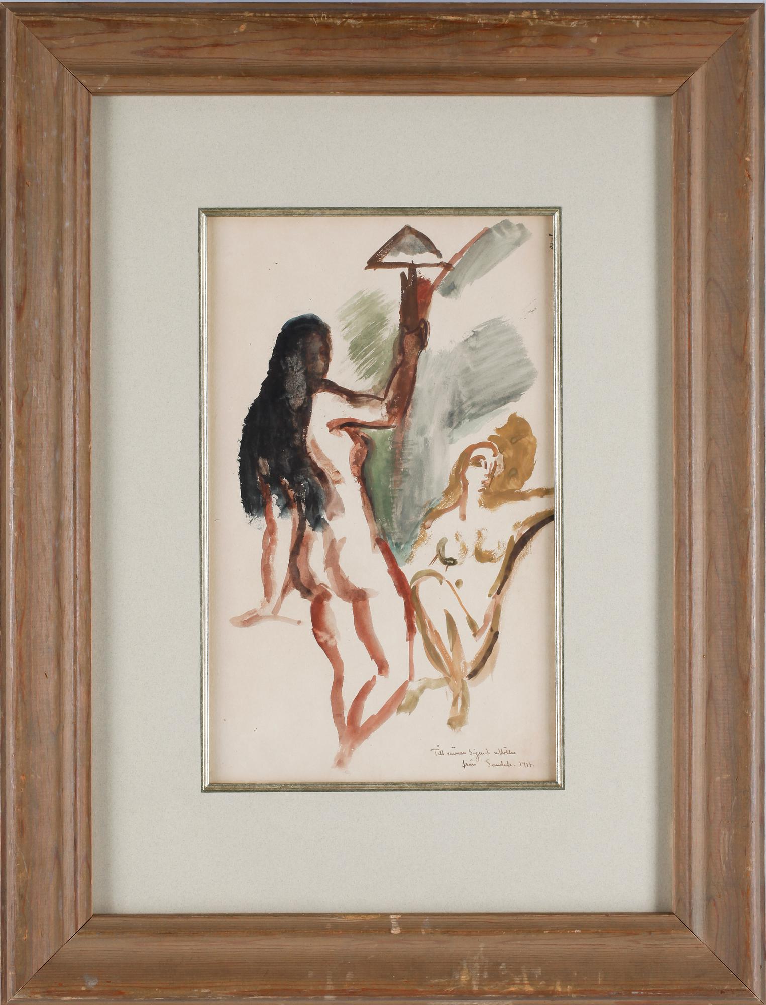 GÖSTA SANDELS. Blandteknik. Signerad med dedikation. Daterad 1917.