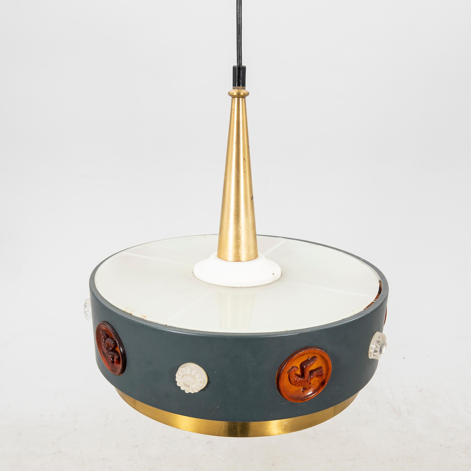 A brass, metal and glass ceiling lamp by Einar Bäckström, Malmö second half of the 20th century.