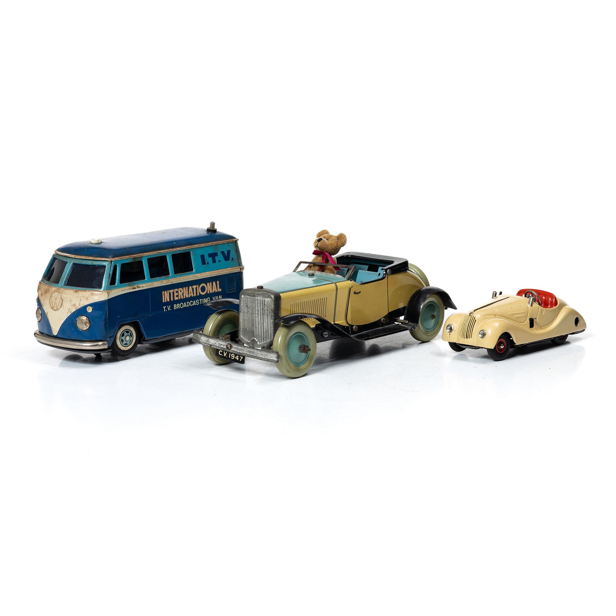 Tin toys, 3 cars, Gakken Toy, Chad Valley & Schuco.