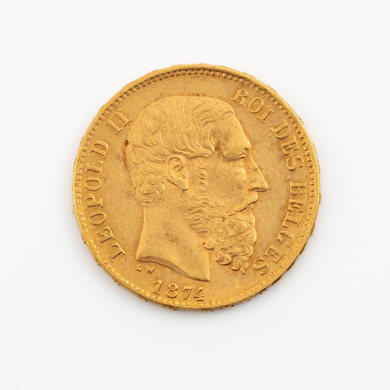 Gold coin, Belgium, Leopold II, 20 Franc, 1874.
