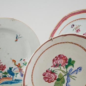 Five 18th century porcelain chinese dishes and one cup and saucer.