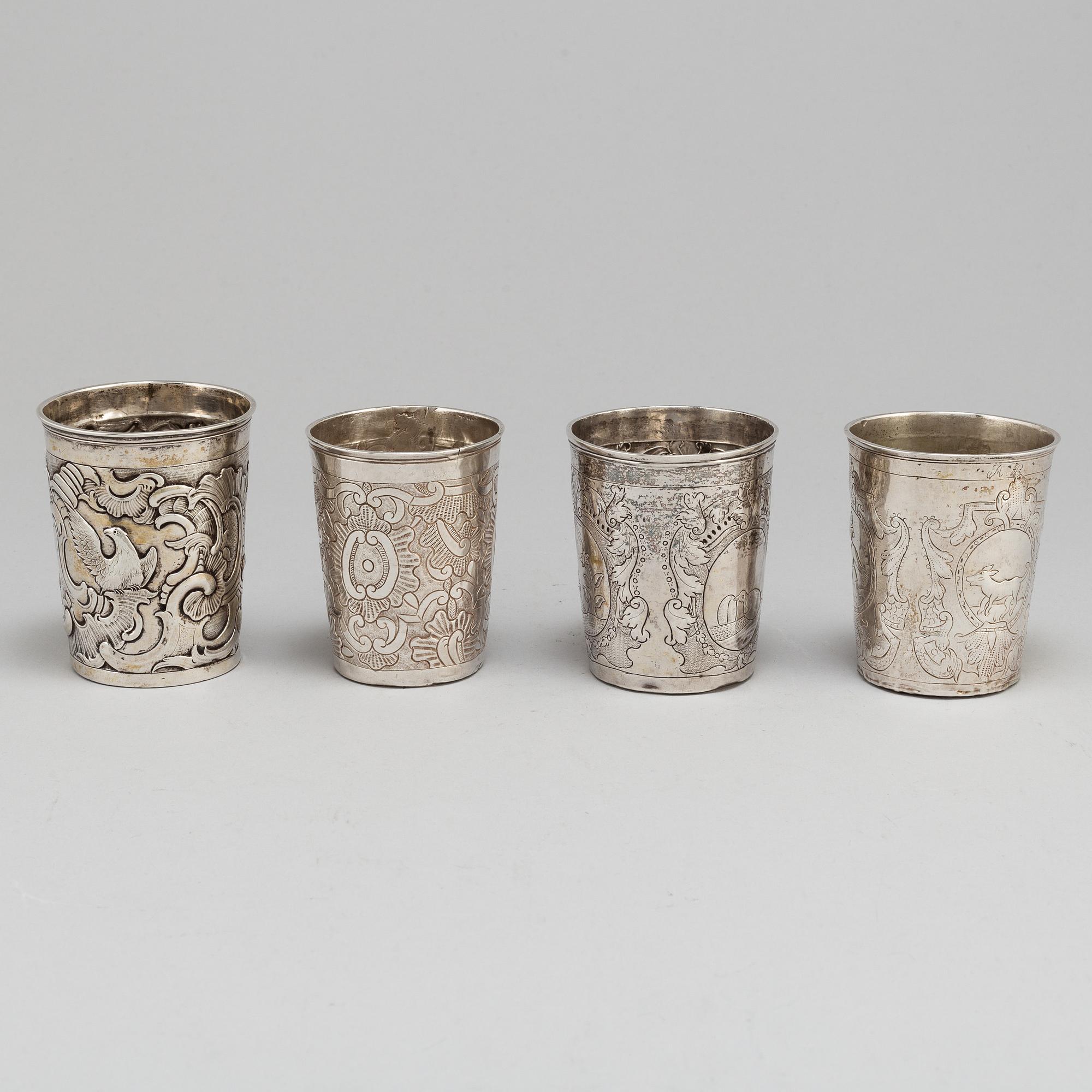 Four Russian 18th century silver beakers.
