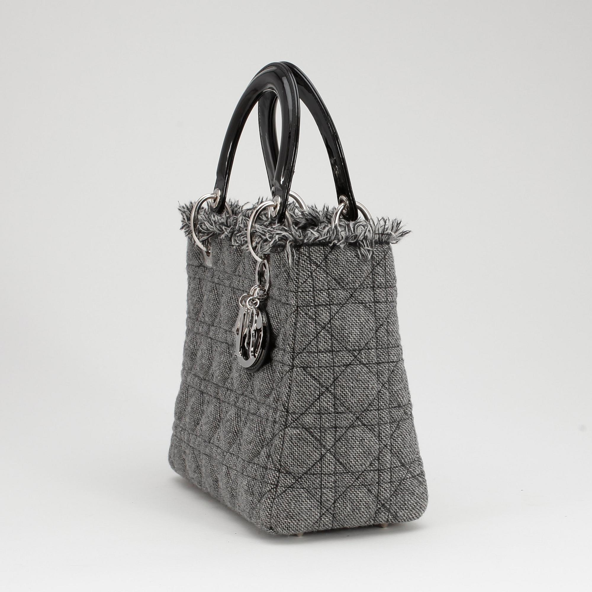 CHRISTIAN DIOR, a a grey fabric leather "Lady Dior" bag.