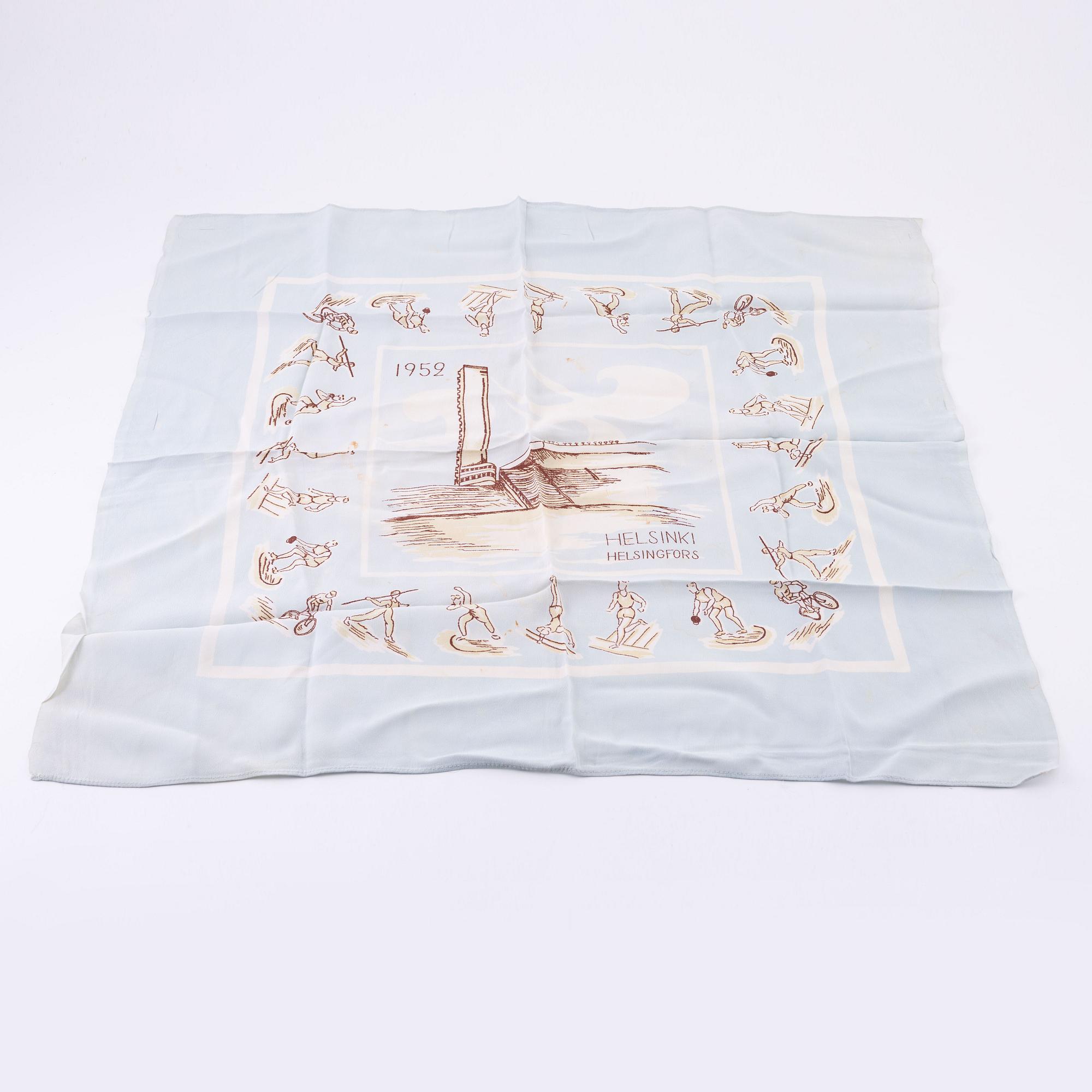 Olympic memorabilia from the summergames of Helsinki 1952: Four Scarves and five handkerchiefs.