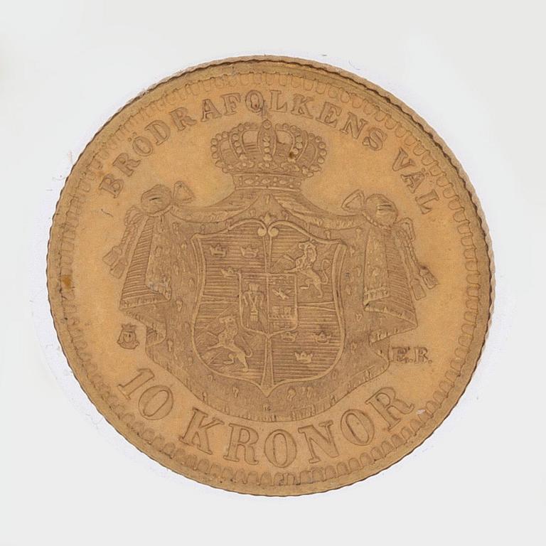 A gold coin, 10 swedish kronor, 1895, weight c 4,5 g.