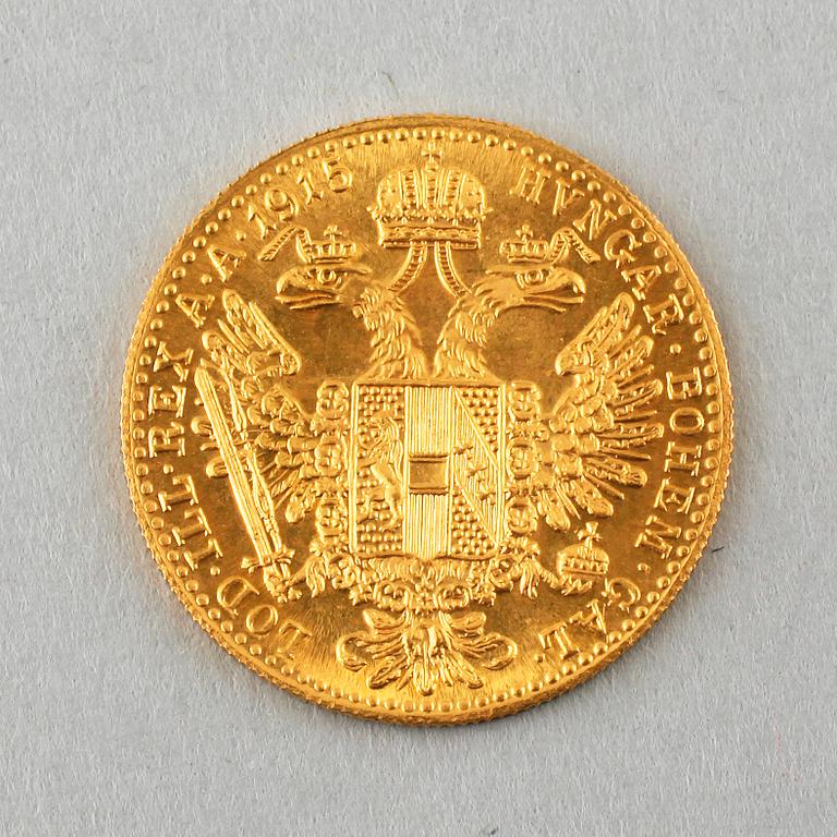 GULDMYNT, 23 karat guld, Österrike-Ungern, 1915. Vikt 3,5 gram.