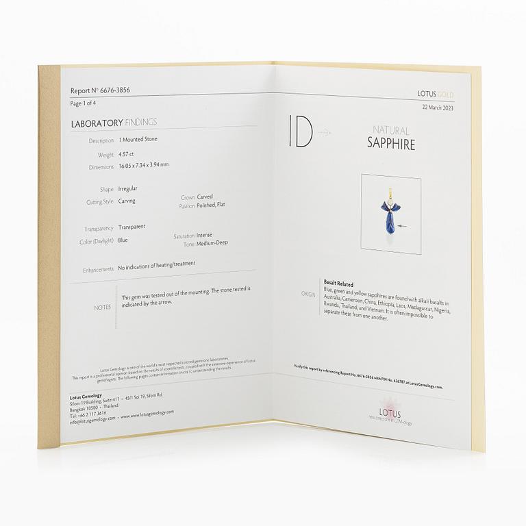 Pendant, 18K gold with carved sapphires, white sapphire, and a small rose-cut diamond.