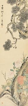 Li Yu, efter, Trädgårdsmotiv med blommande pioner och tall.