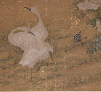 A painting with birds and butterflies in a flowering garden, Qing dynasty (1644-1912).