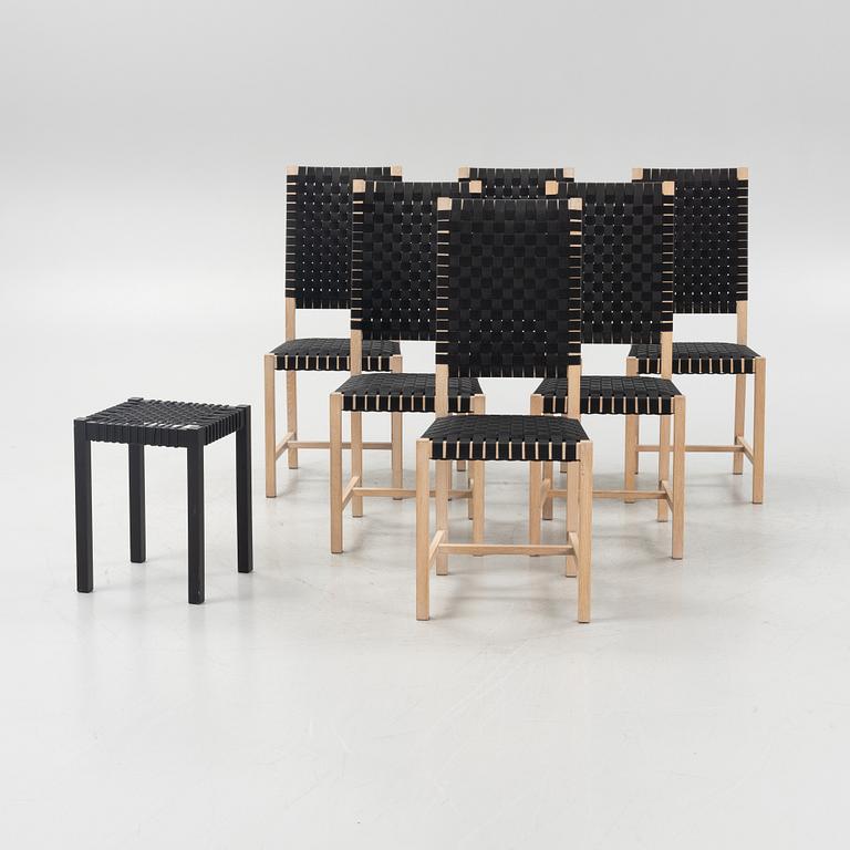 Kerstin Olby, six oak chairs and a stool.