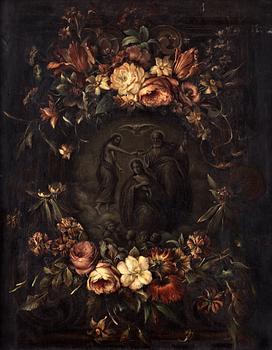 394. Spansk Skola, The Coronation of the virgin surrounded by a garland of flowers.