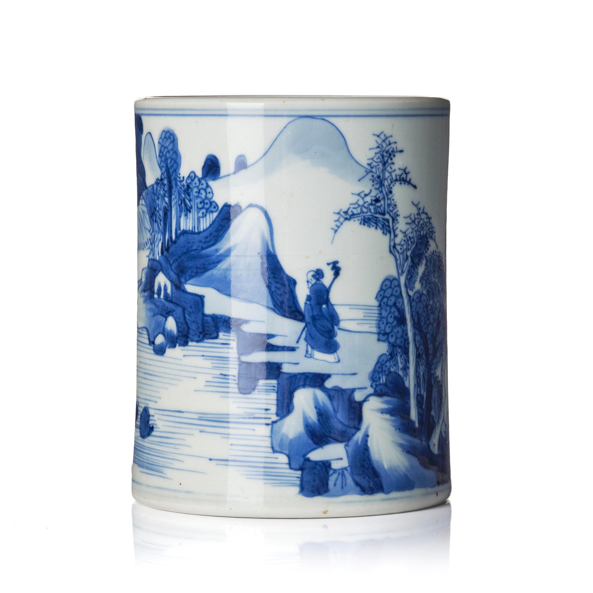 A blue and white 'scholar in a landscape' brushpot, bitong, Qing dynasty, Kangxi (1662-1722).