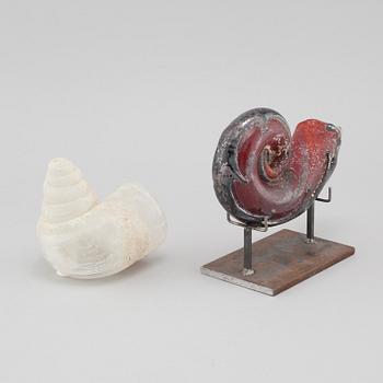 two glass objects, signed.