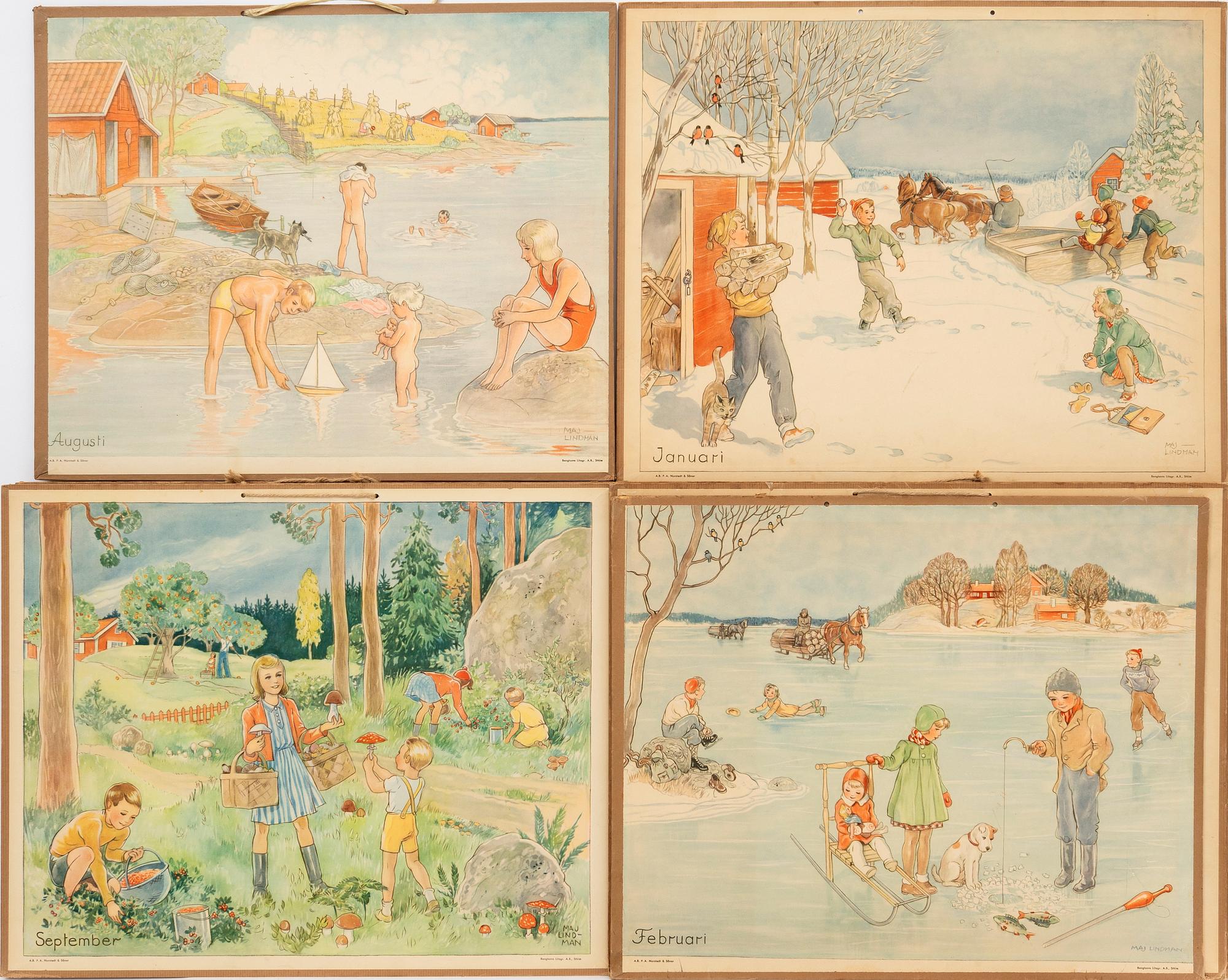 Maj Lindman, school charts, 12 pcs. P.A Norstedt & Söner, Stockholm.
