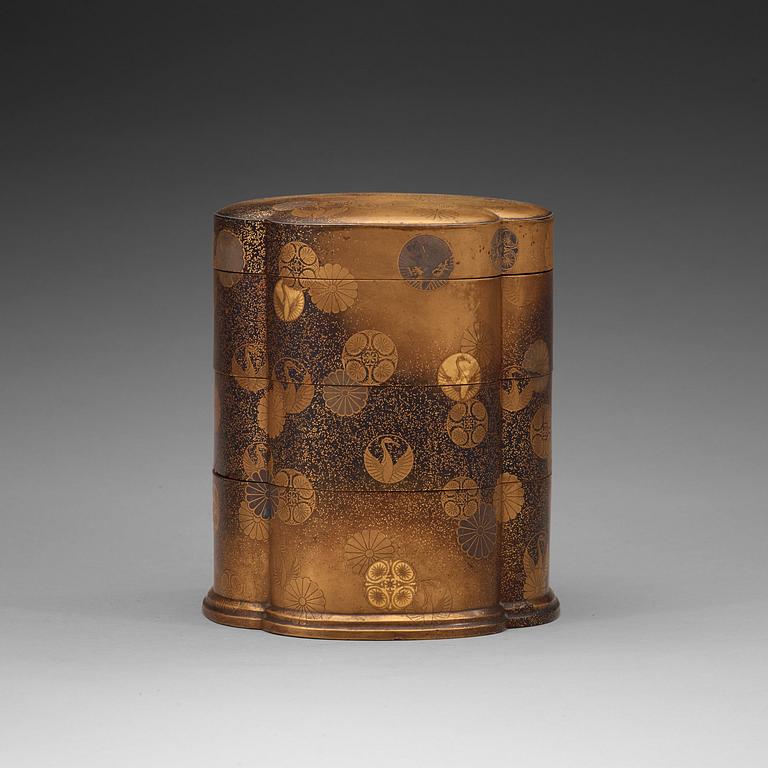 A Japanese tiered lacquered box with cover, period of Meiji (1868-1912).