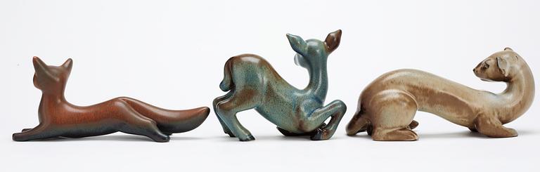 Three Gunnar Nylund stoneware figures, a deer, a fox and a ferret,