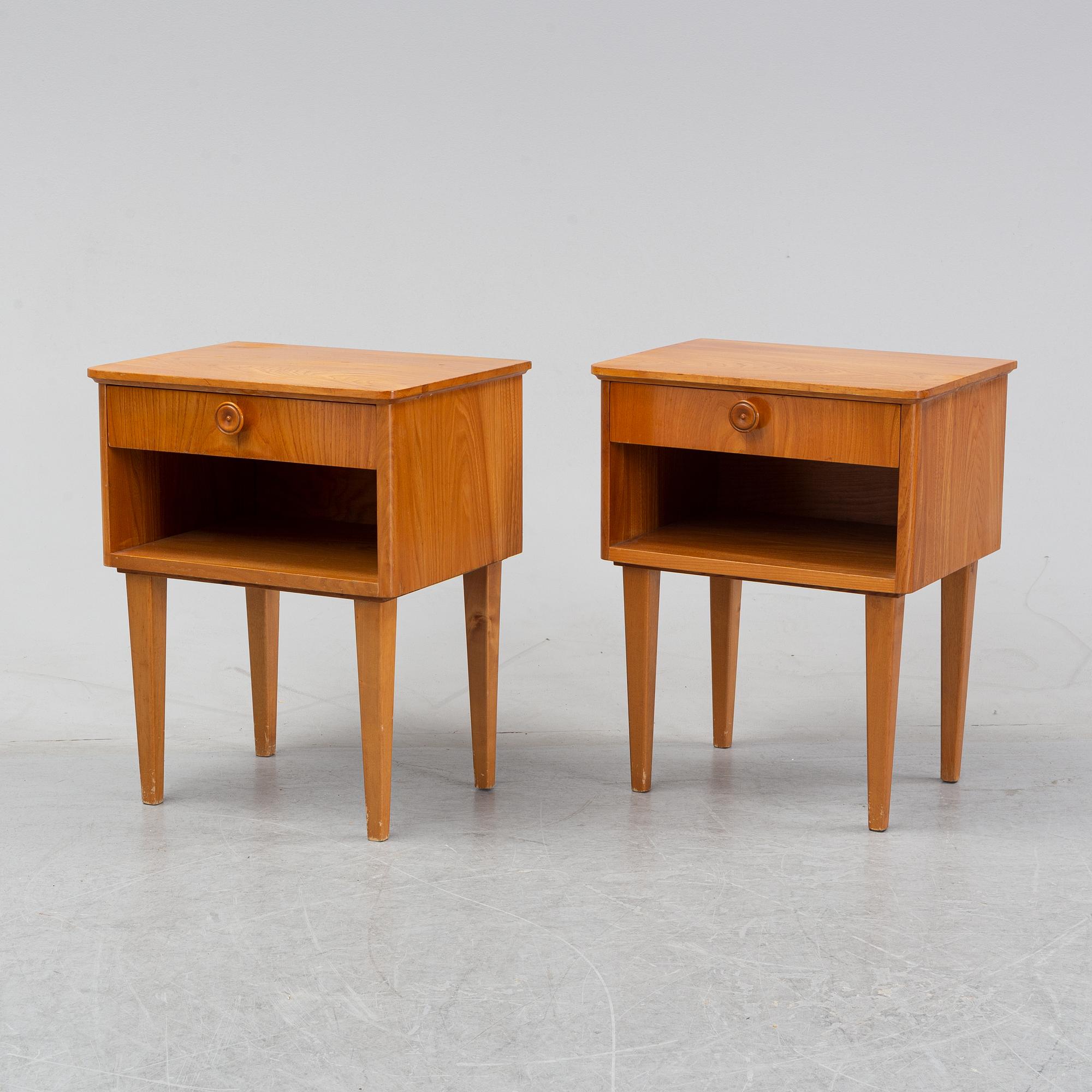 A pair of elm wood bedside tables, mid 20th Century.