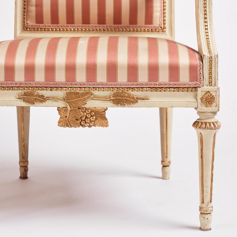 A pair of Gustavian open armchairs, Stockholm, late 18th century.