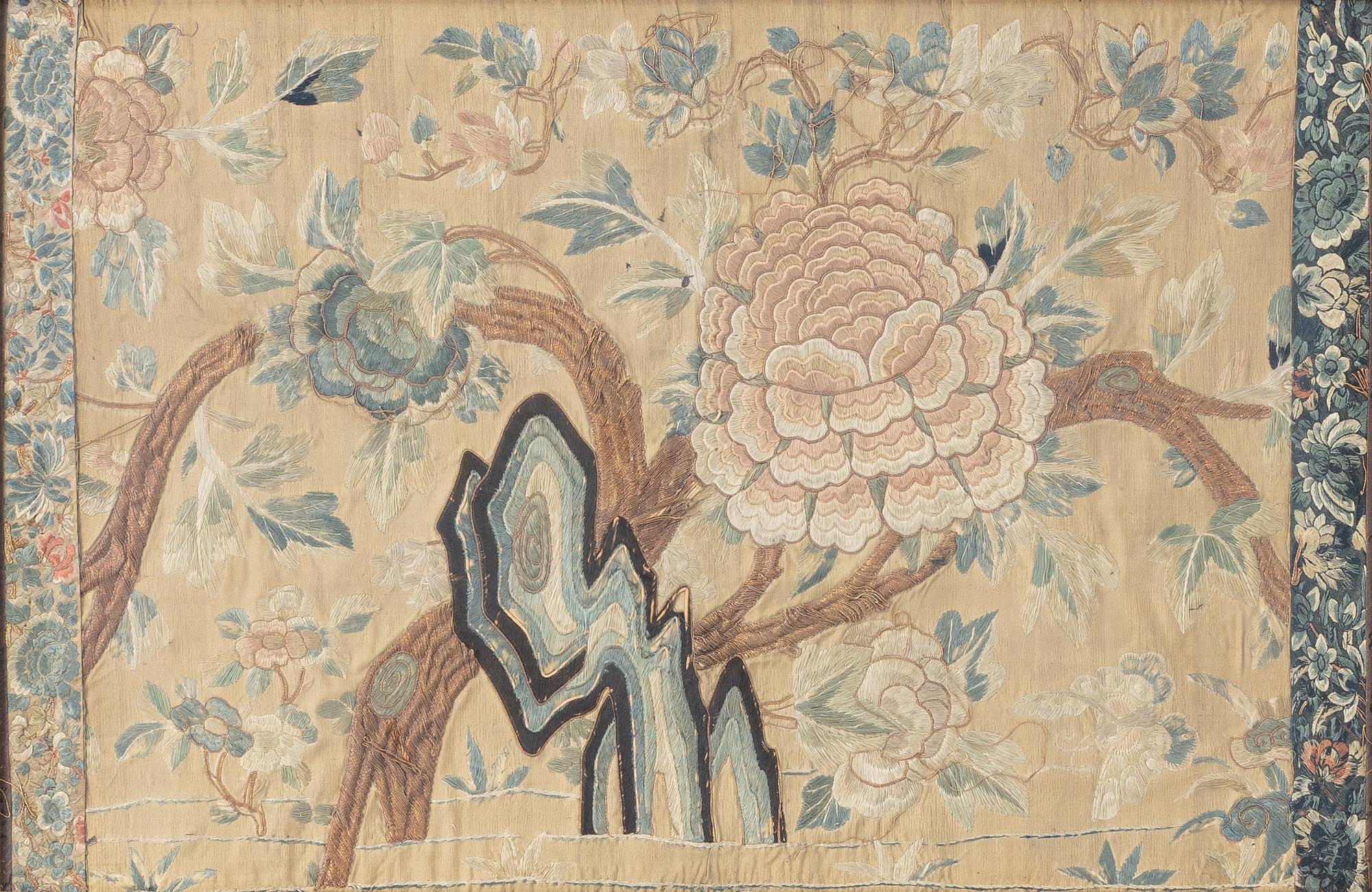 A pair of silk embroideries, China, Qing dynasty, 19th century.