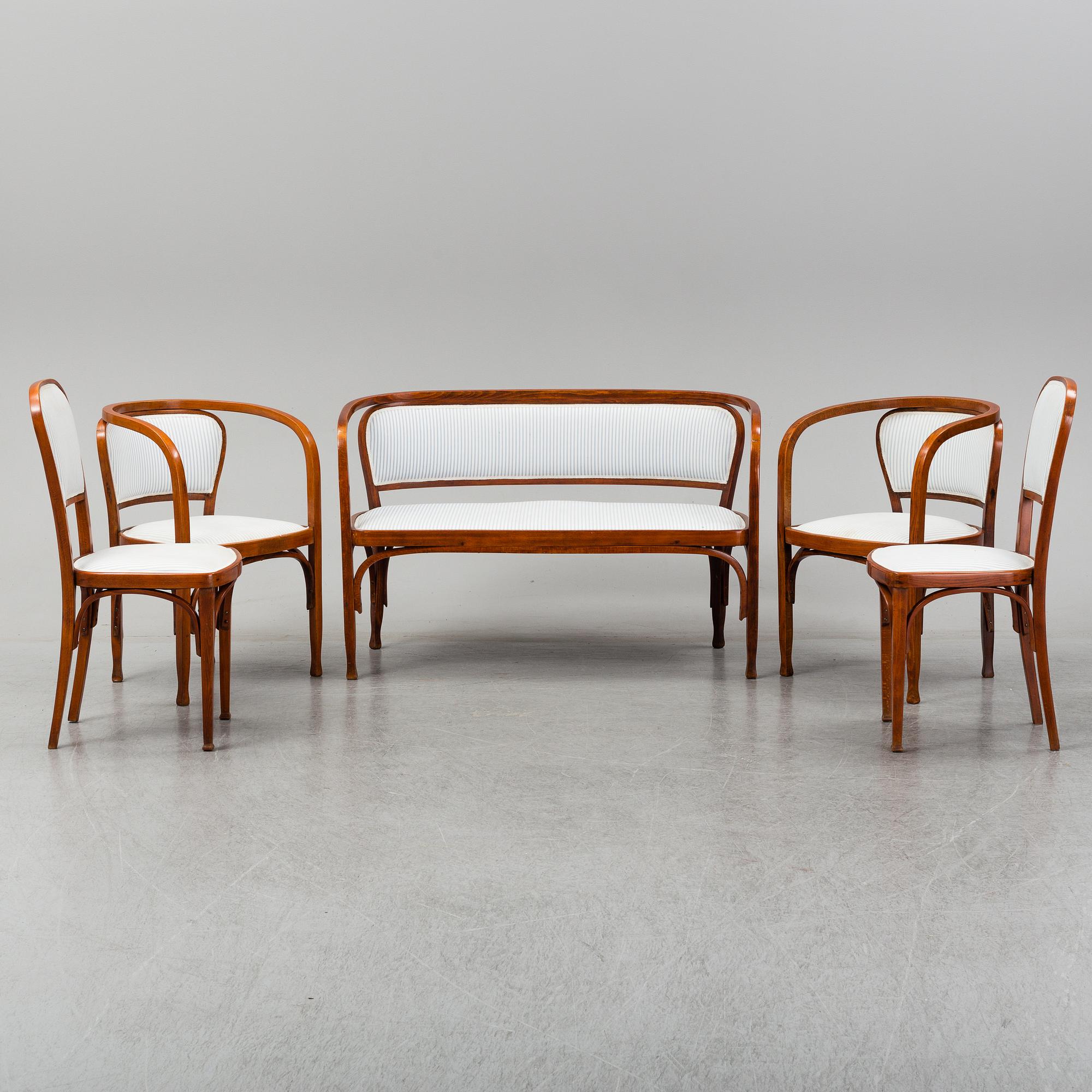 Gustav Siegel, a pair of armchairs, a pair of chairs and a sofa, probably by Jacob & Josef Kohn, Vienna early 1900's.