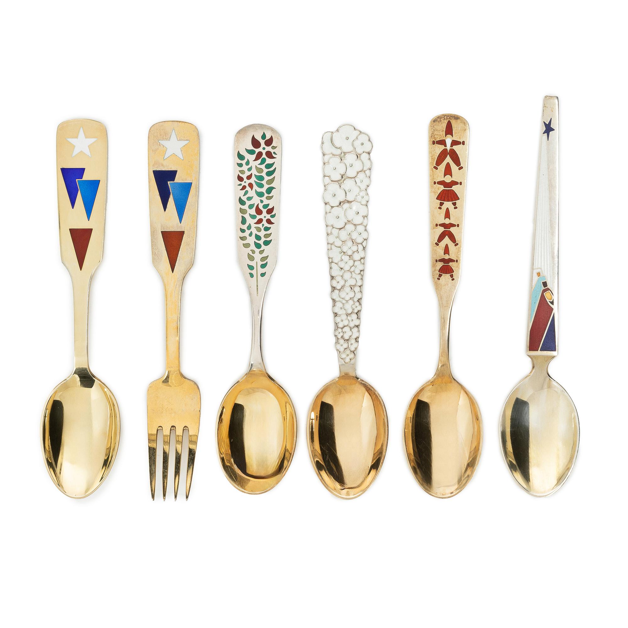 Anton Michelsen, Annual/Christmas flatware, 6 pieces, gilt sterling silver and enamel, Denmark, 1950s.