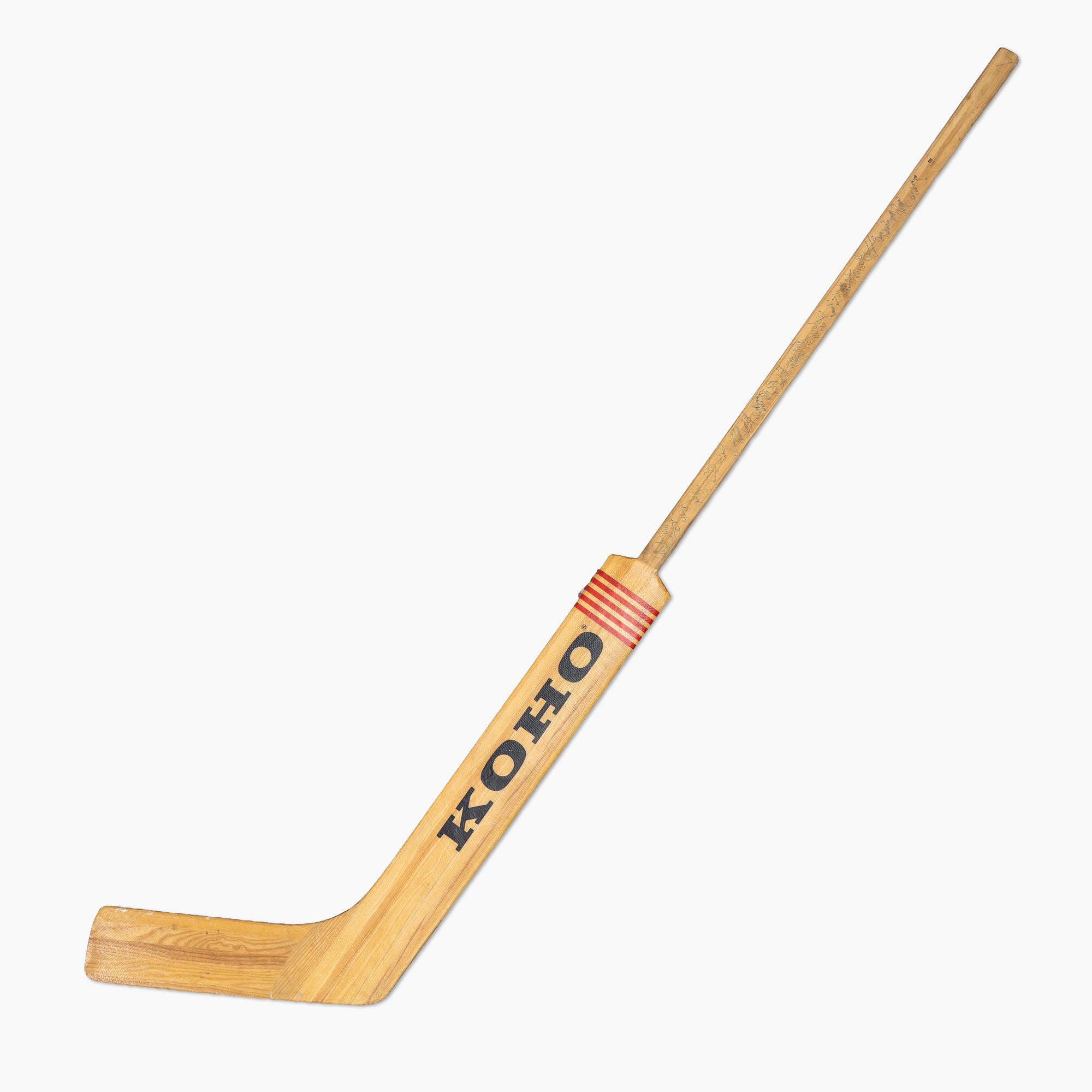 Pelle Lindberg's goaltender stick with autographs.