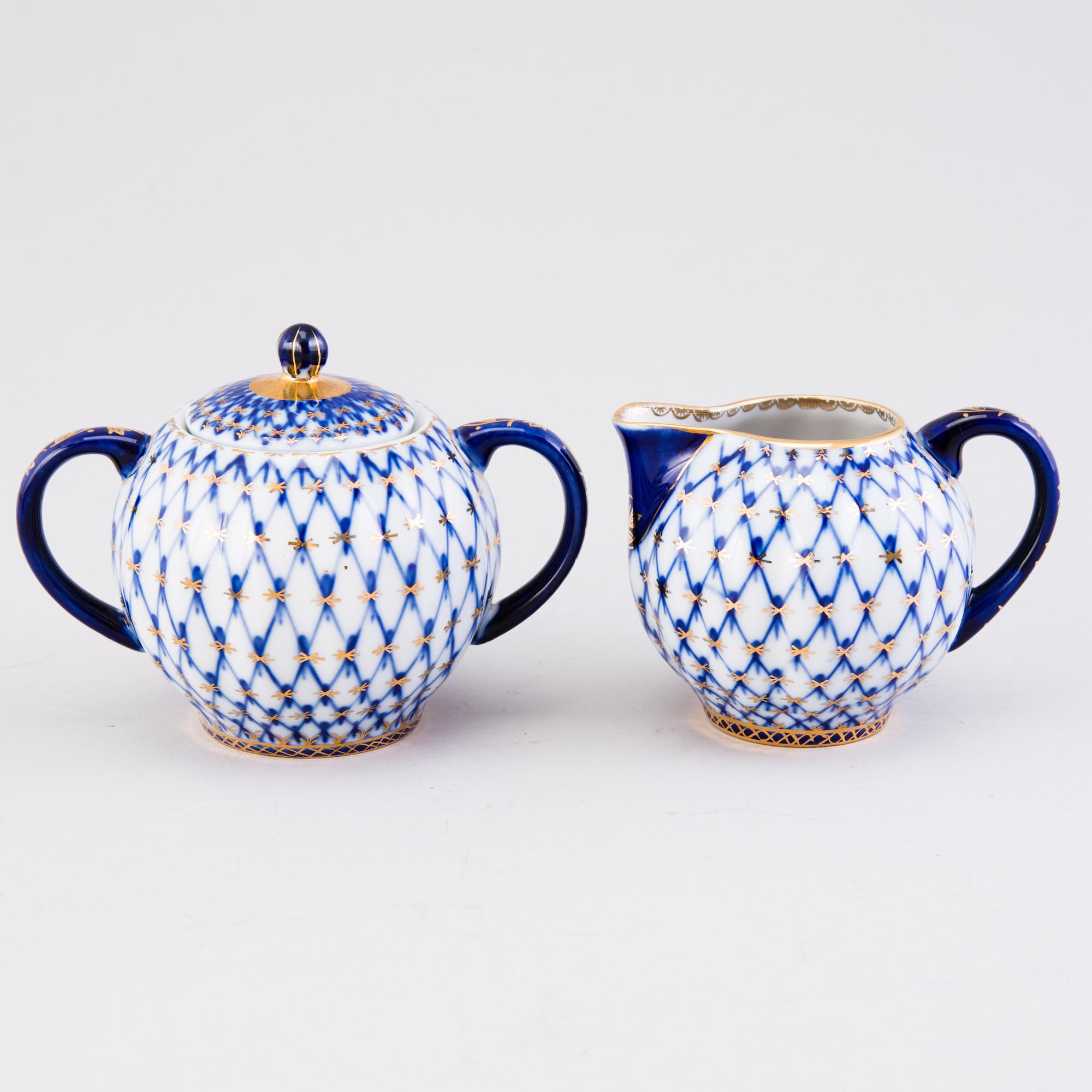 A 34-piece 'Cobalt Net' porcelain set for coffee and tea, Lomonosov, Soviet Union.