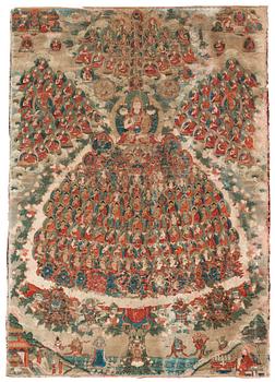 111. THANGKA, Tsong Khapa och Gelugpaordens tillflyktsträd, Tibet, troligen 1800-tal.